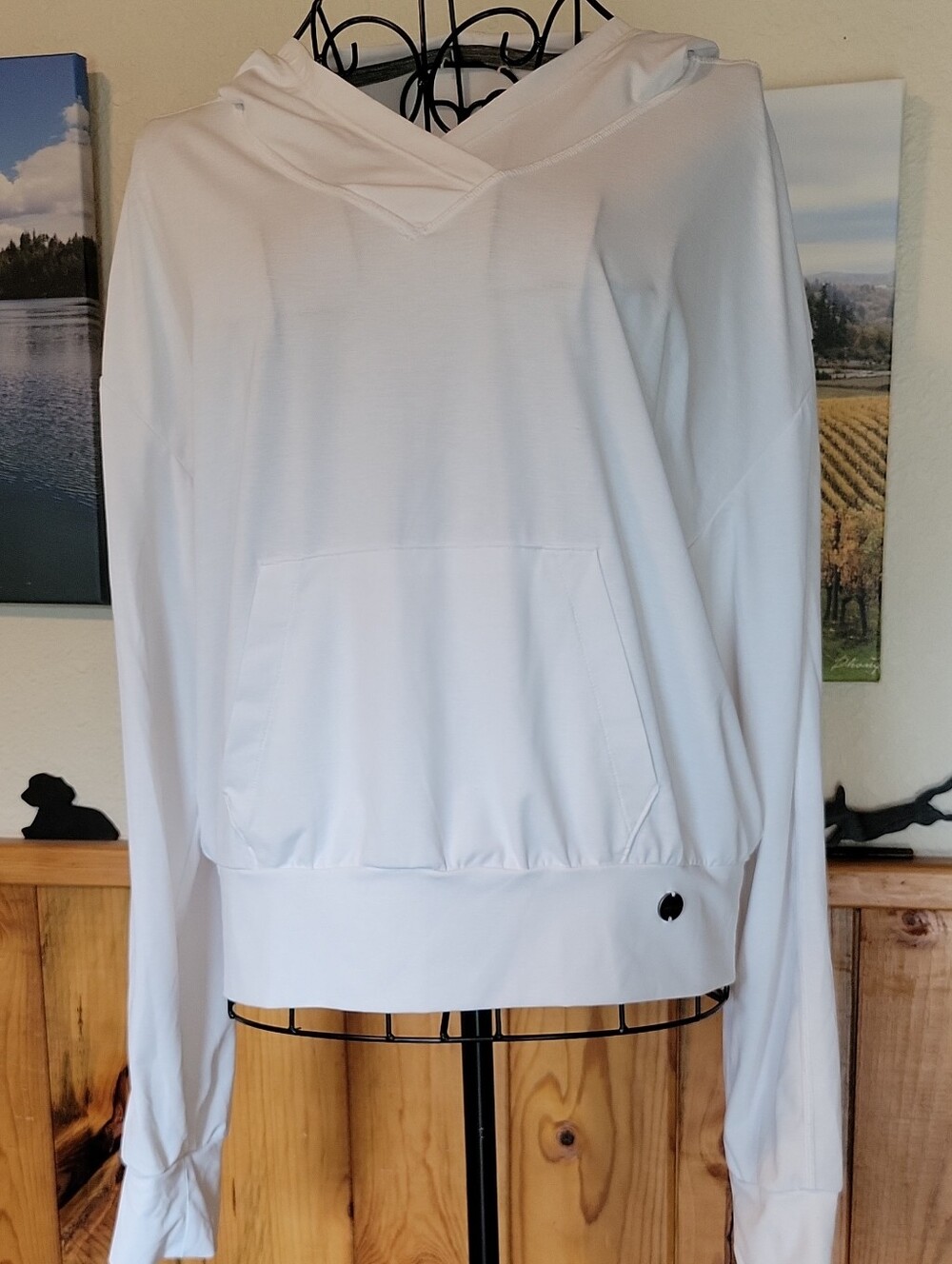Prana White V-Neck Hooded Pullover with Kangaroo Pocket
